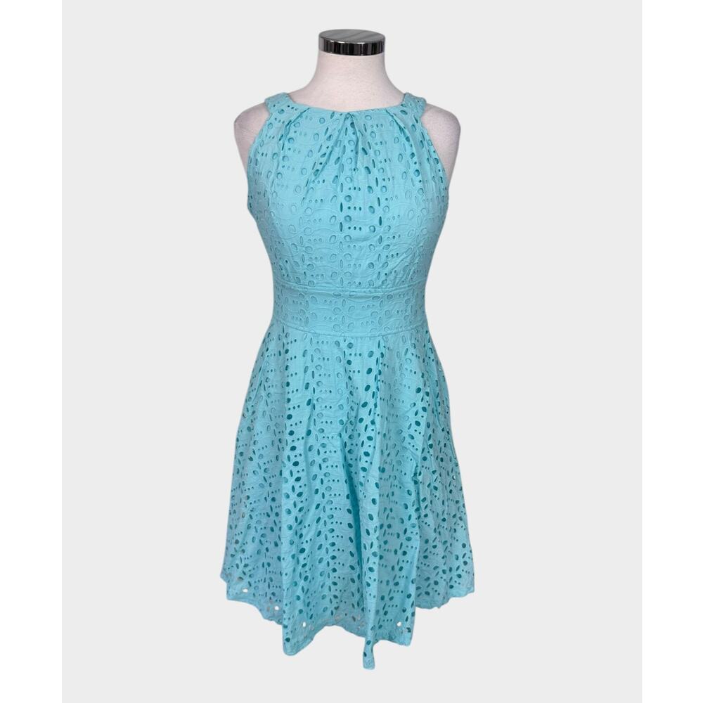 Dressbarn est 1962 4 Aqua Blue Eyelet Dress Halter Neck Sleeveless Back Zipper